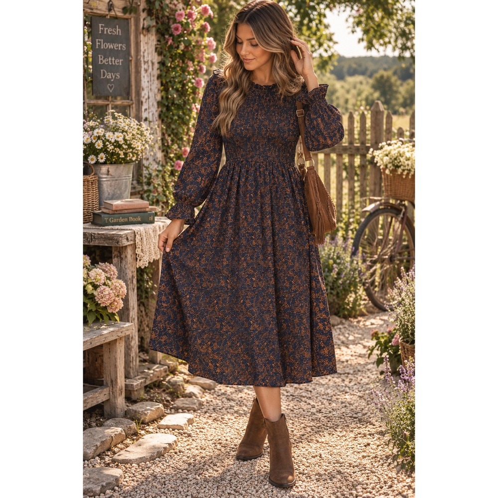 NWT Boho Navy Rust Midi Dress Ruffle Neck Puff Sleeve Cottagecore S Tulip B